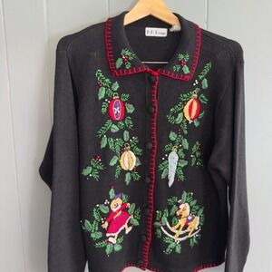 VTG B.P. Design Christmas sweater L embroidered toys ornaments beaded‎ cardigan